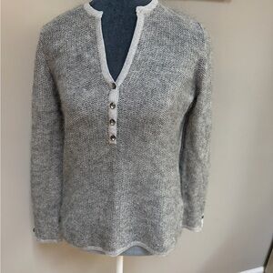 Ann Taylor petites medium silver grey angora wool sweater rhinestone button